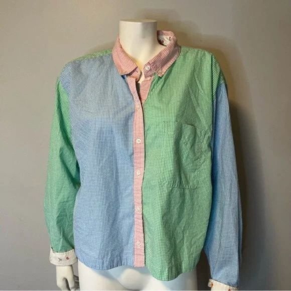 American Eagle color block Button Down shirt in green blue and pink Size XL - Picture 1 of 5